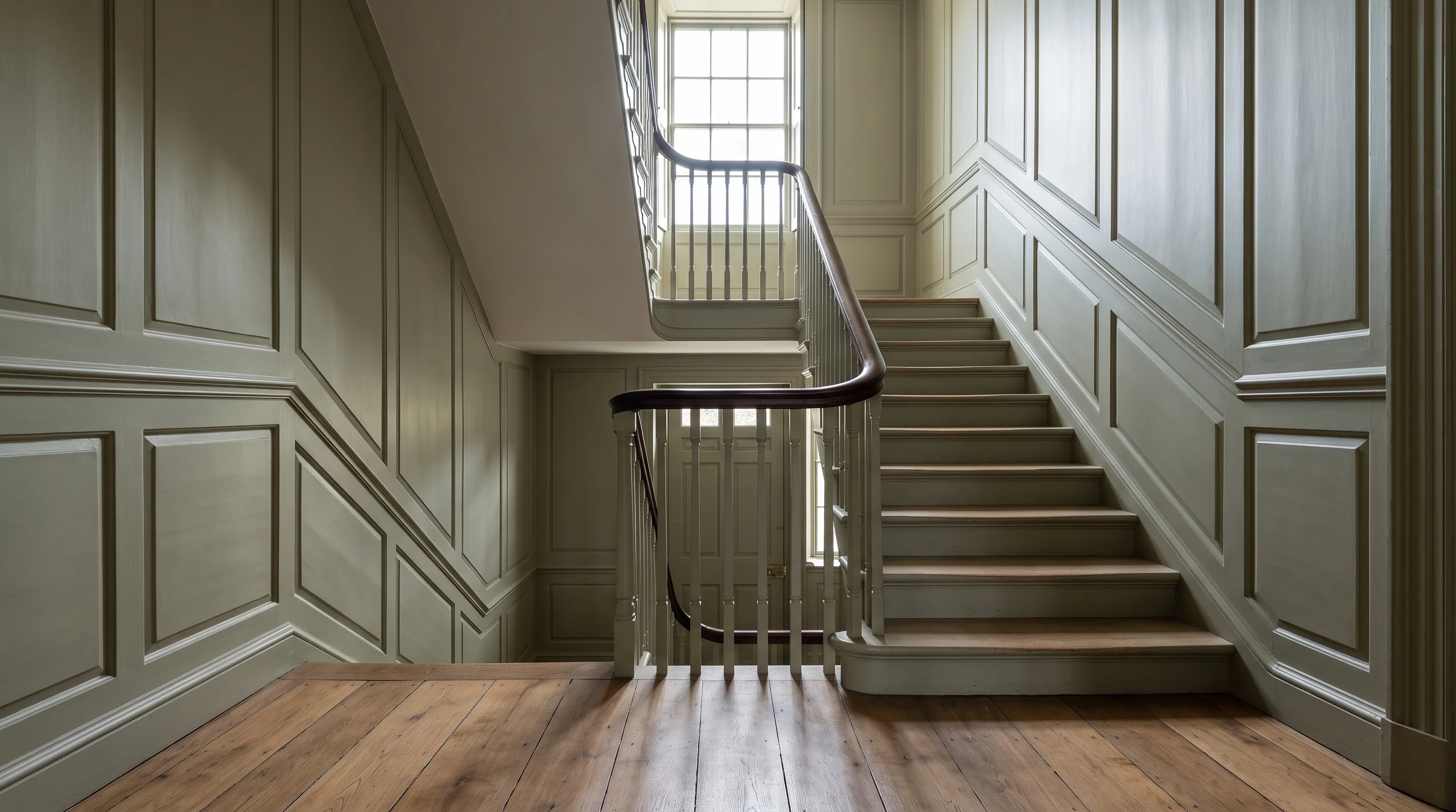 Georgian panelled hall and staircase finished in quiet stone drab, empty in late afternoon light