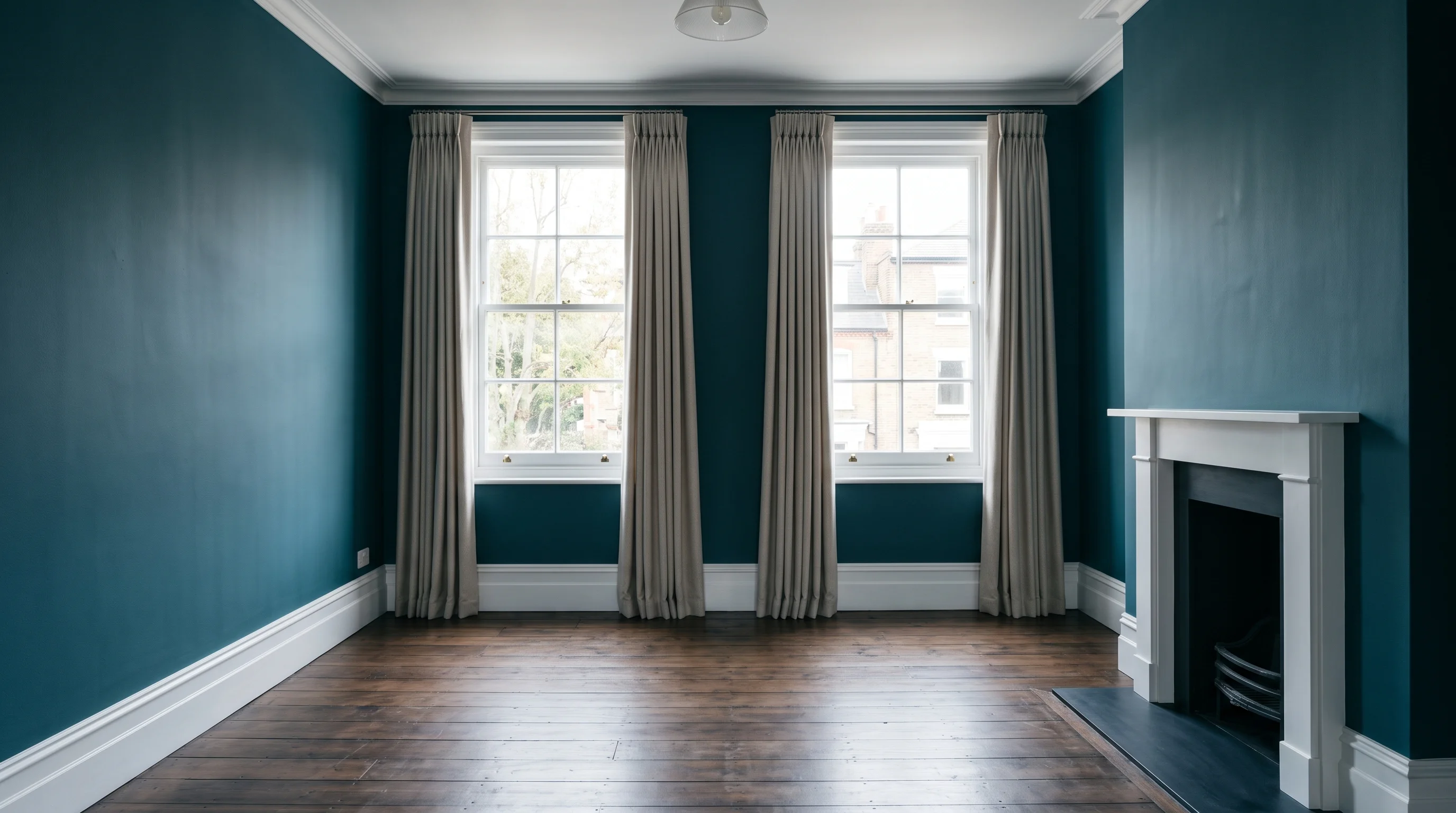 Finished period sitting room with deep blue-green walls glowing in flat silver light, curtains rehung and floor bare