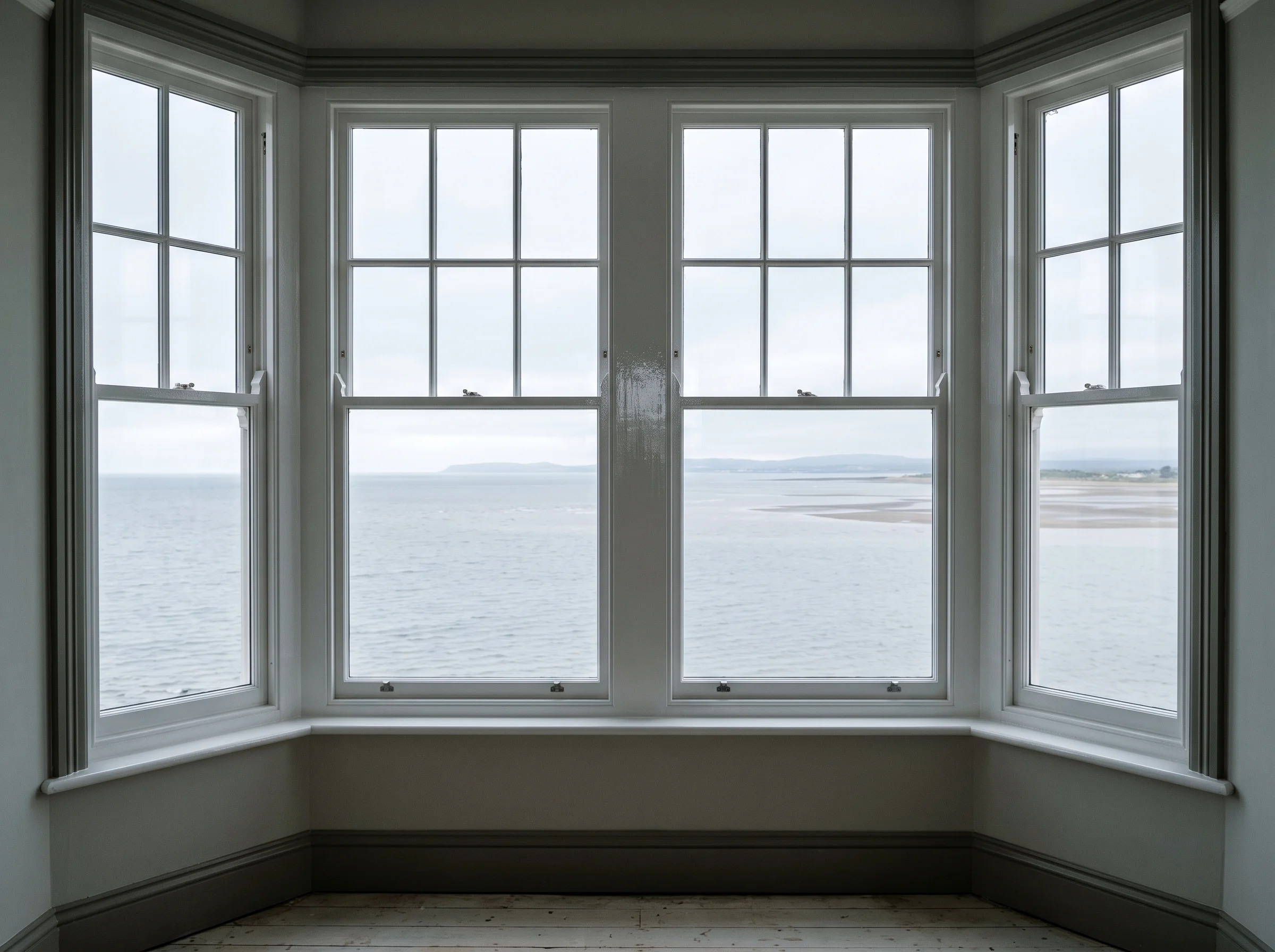 Rebuilt bay window sashes freshly glossed in gull white with the flat silver light of Morecambe Bay beyond