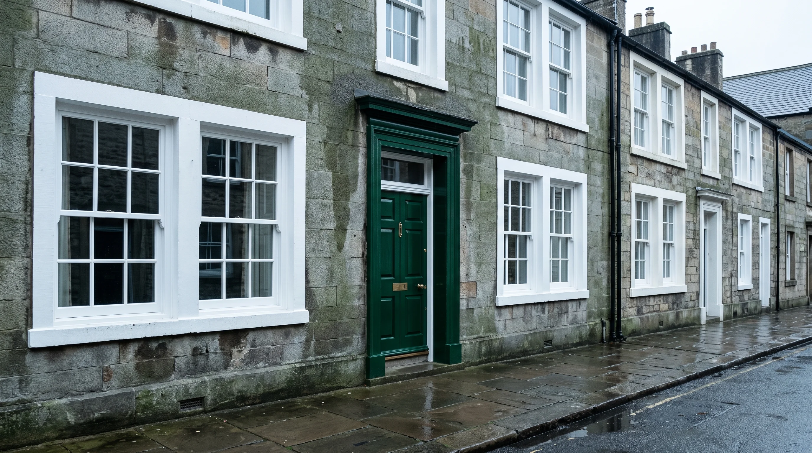 Wet limestone terrace after rain with fresh white sash frames and a blackened-green front door, silver light behind the roofline