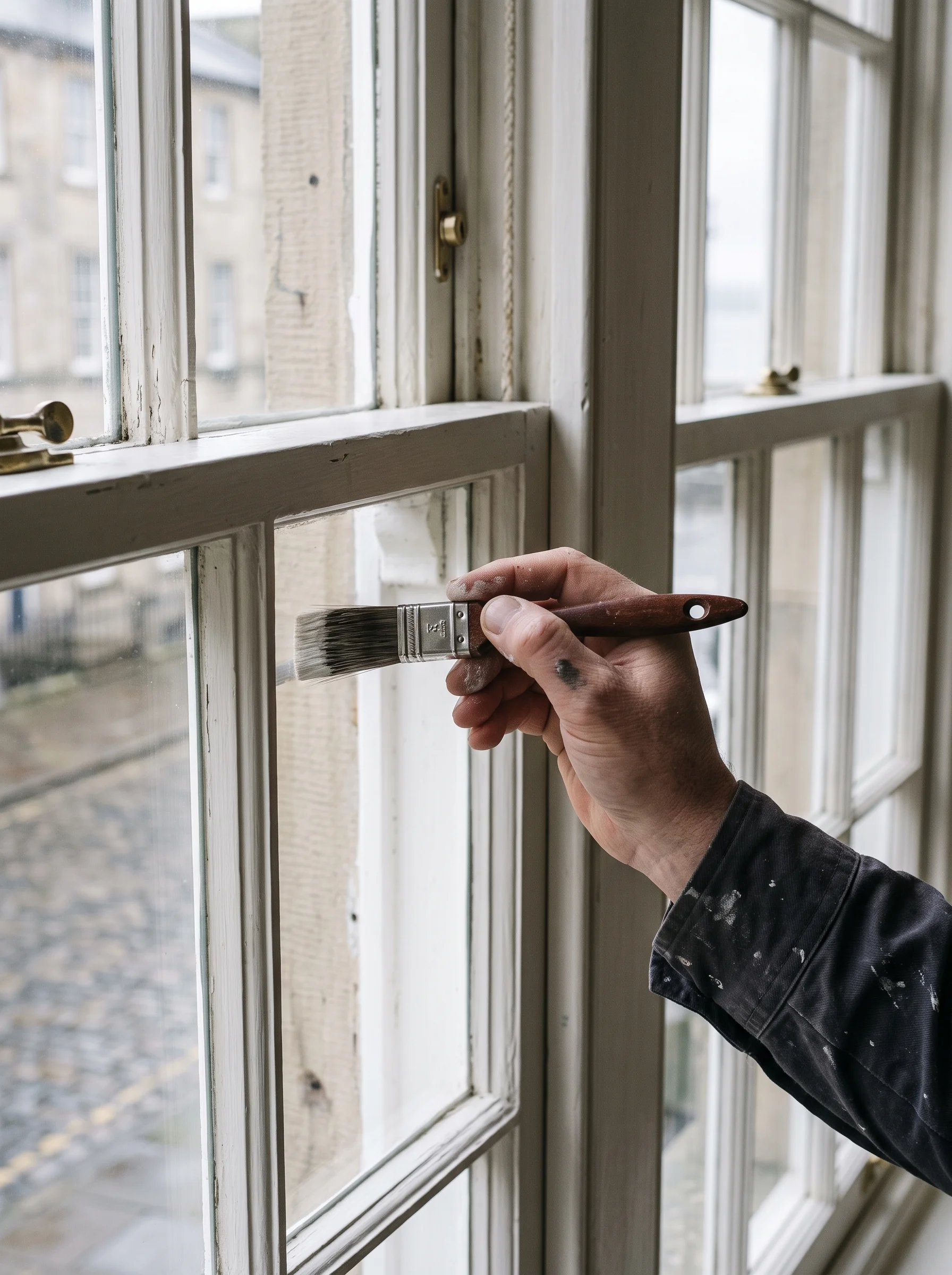 A decorator's knuckle steadying a brush at a cut-in along a sash window bead in cool north light