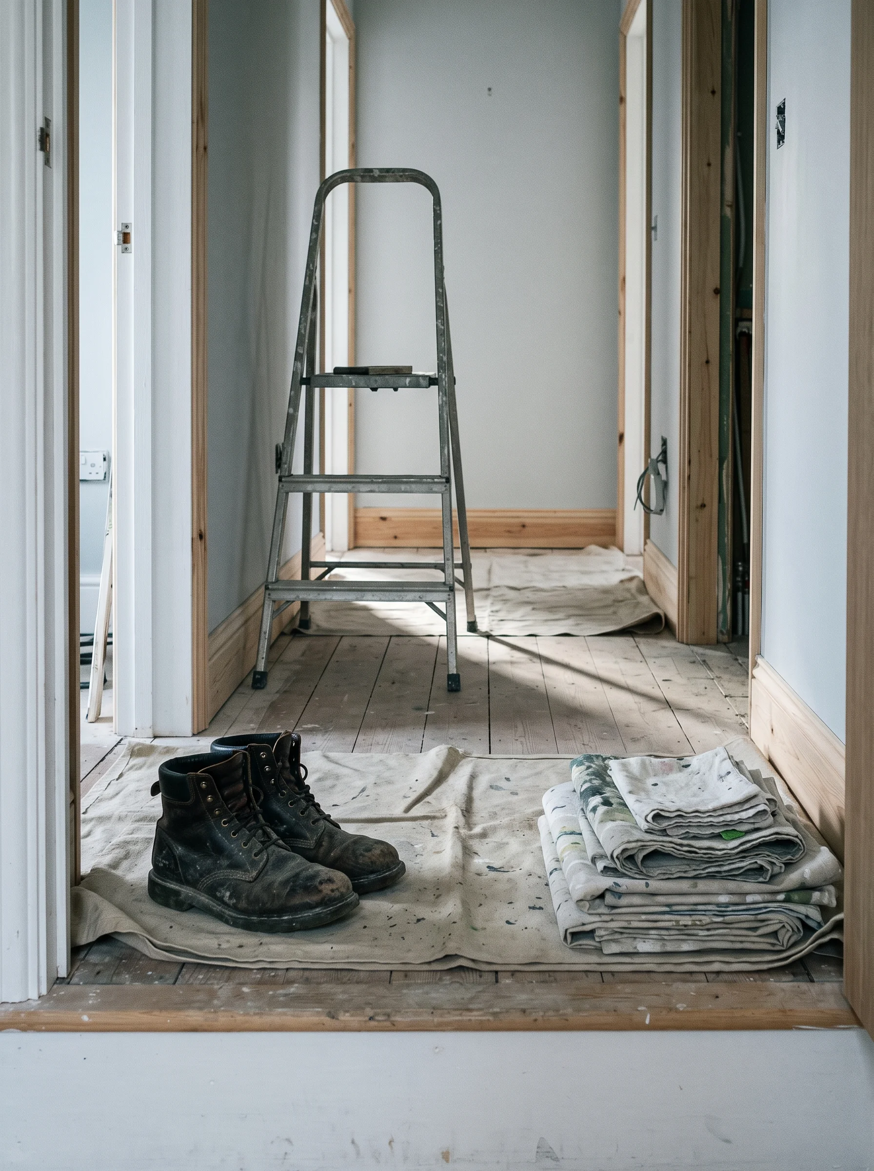 Boots on a dust sheet at a doorway threshold, sheets folded into squares beside a stepladder in an unfinished hallway