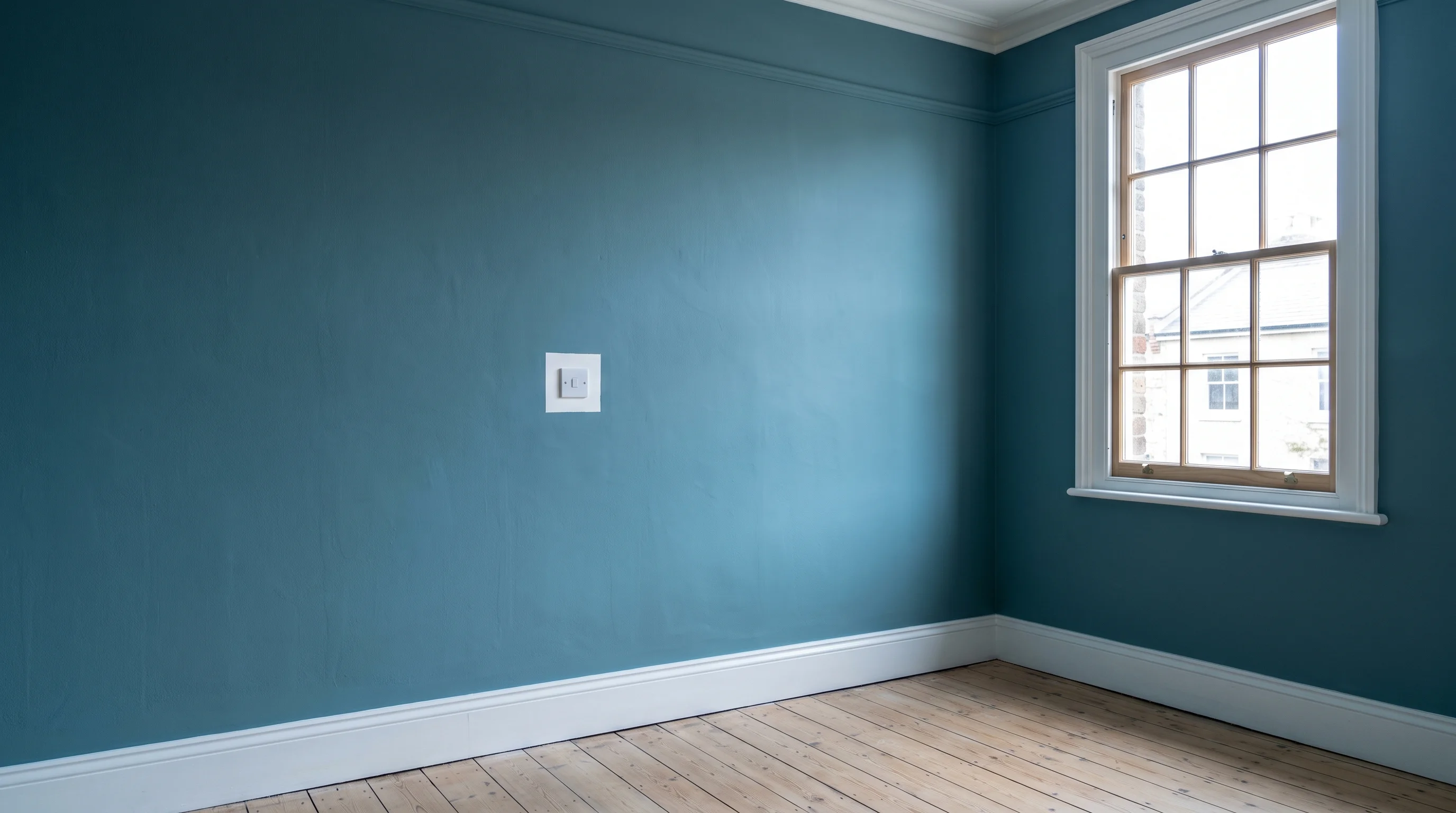 The same sitting room finished, walls in deep bay blue-green with one clean cut line beside the white switch plate