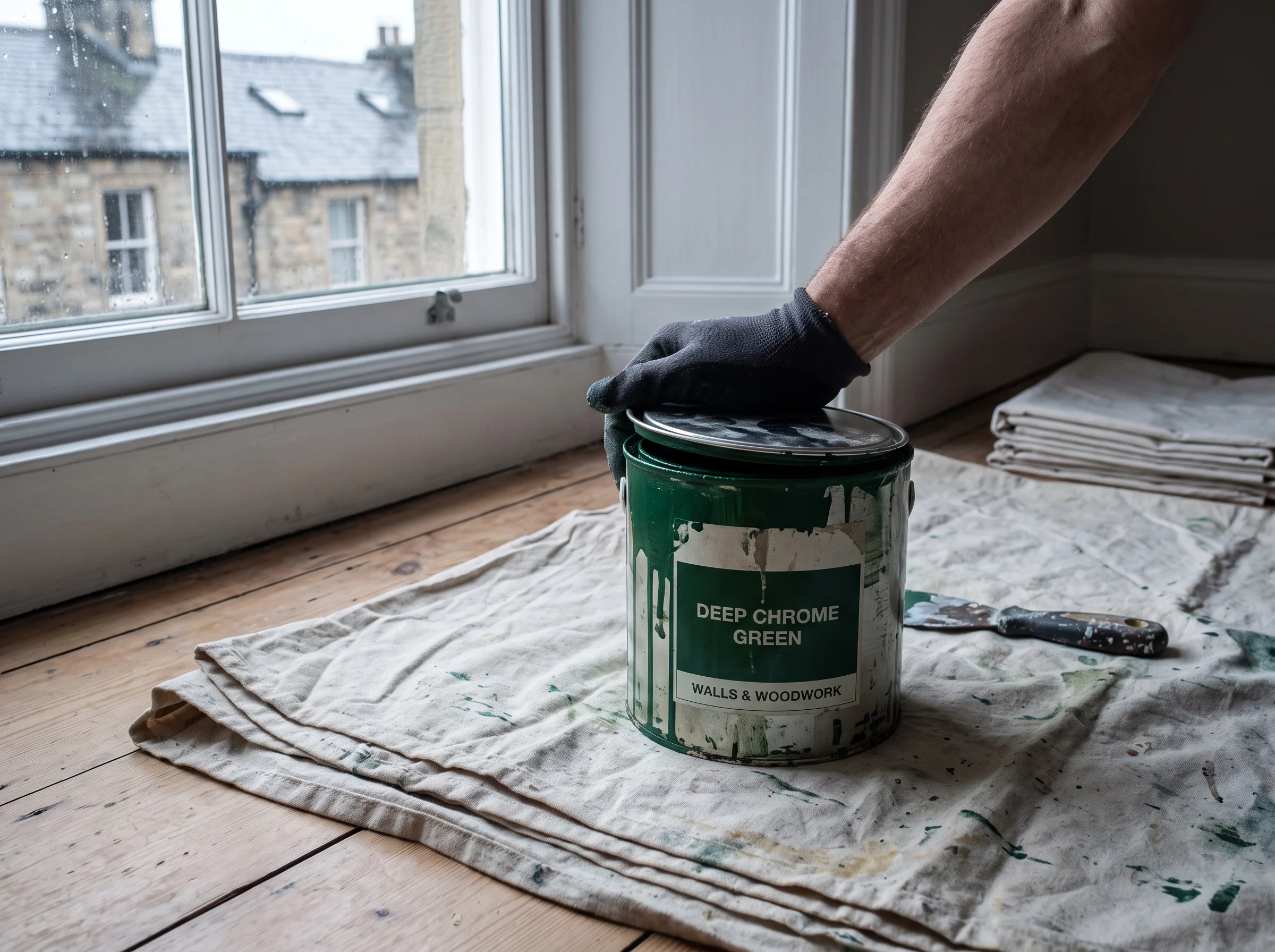 A lid pressed back onto a heritage green paint tin resting on a folded dust sheet, wet limestone visible through the window
