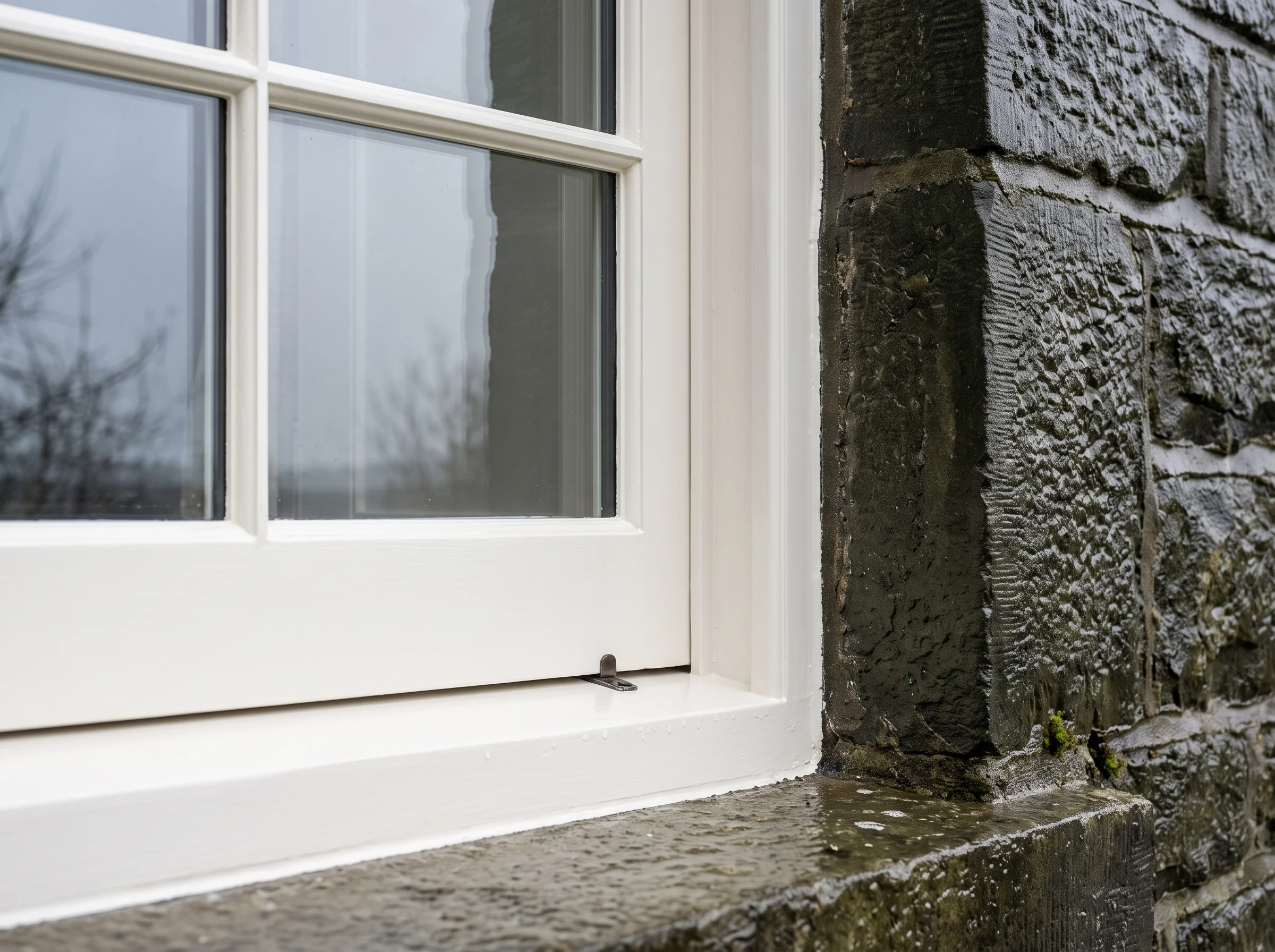 Freshly glossed off-white sash window frame against rain-darkened limestone