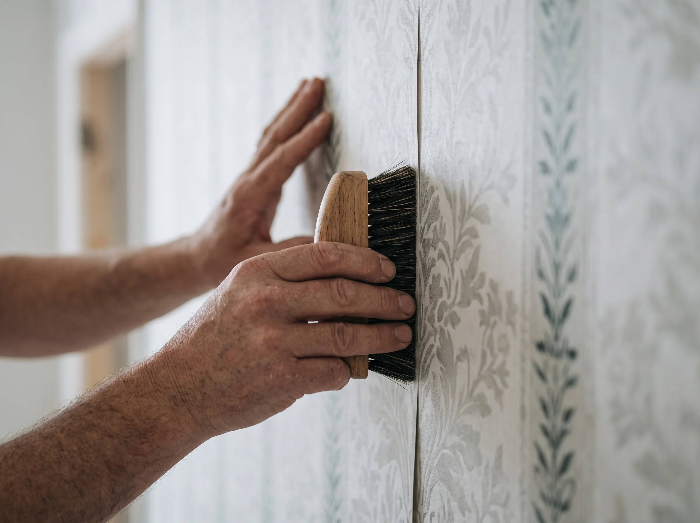 A smoothing brush drawing down a freshly hung strip of wallpaper with a perfectly matched seam