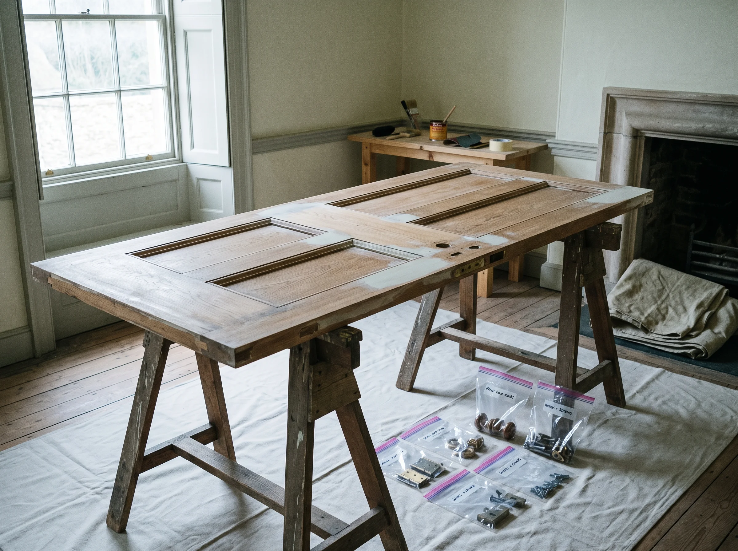 A Georgian panelled door on trestles mid-restoration, hinges removed and bagged, half stripped to timber