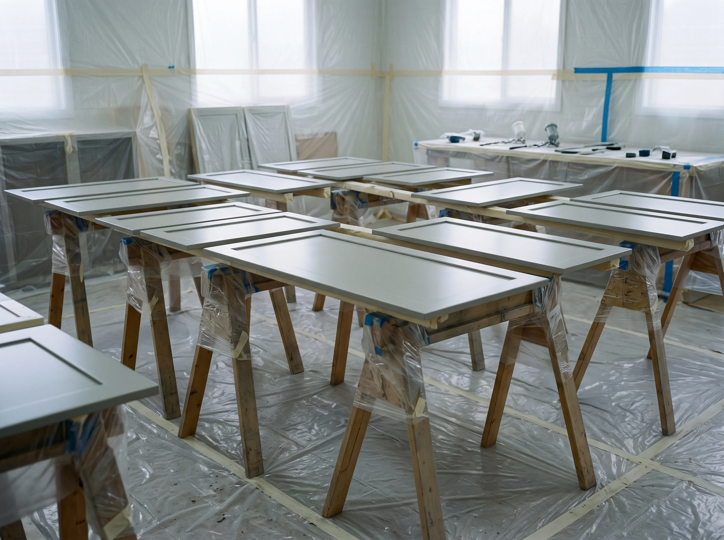 Kitchen cabinet doors laid flat on trestles, freshly sprayed to an even satin finish